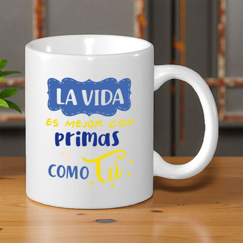 Tailorly White Ceramic 11 oz Mug - Vibrant Blue Scalloped Frame Featuring Yellow Hand Lettered Decorative Phrases Mug
