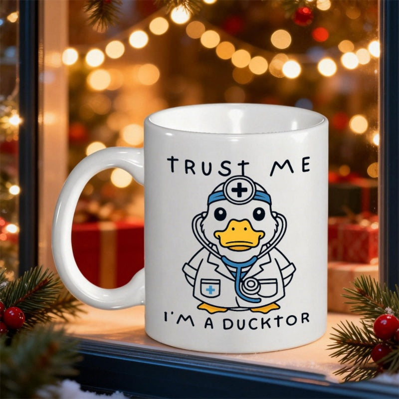 Tailorly White Ceramic 11 oz Mug - Trust Me I'm A Ducktor Adorable Cartoon Bird Wearing Medical Lab Coat And Stethoscope Duck