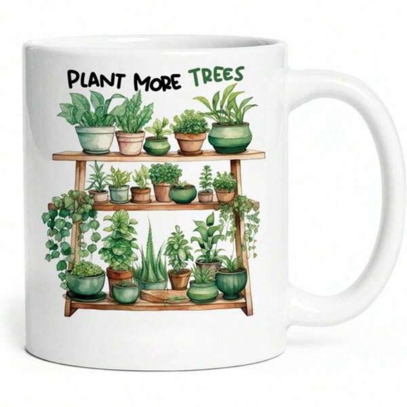 Tailorly White Ceramic 11 oz Mug - Plant More Trees Lush Green Potted Succulents Arranged On A Rustic Wooden Tiered Shelf Plant
