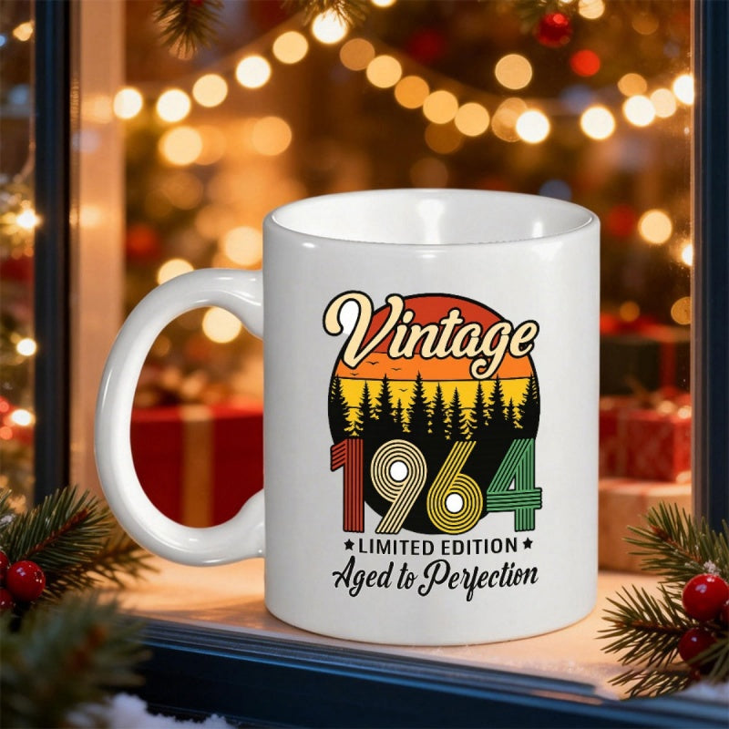 Tailorly White Ceramic 11 oz Mug - Vintage 1964 Limited Edition Aged To Perfection Retro Sunset Circle With Pine Tree Silhouettes Under Distressed Colorful Numbers