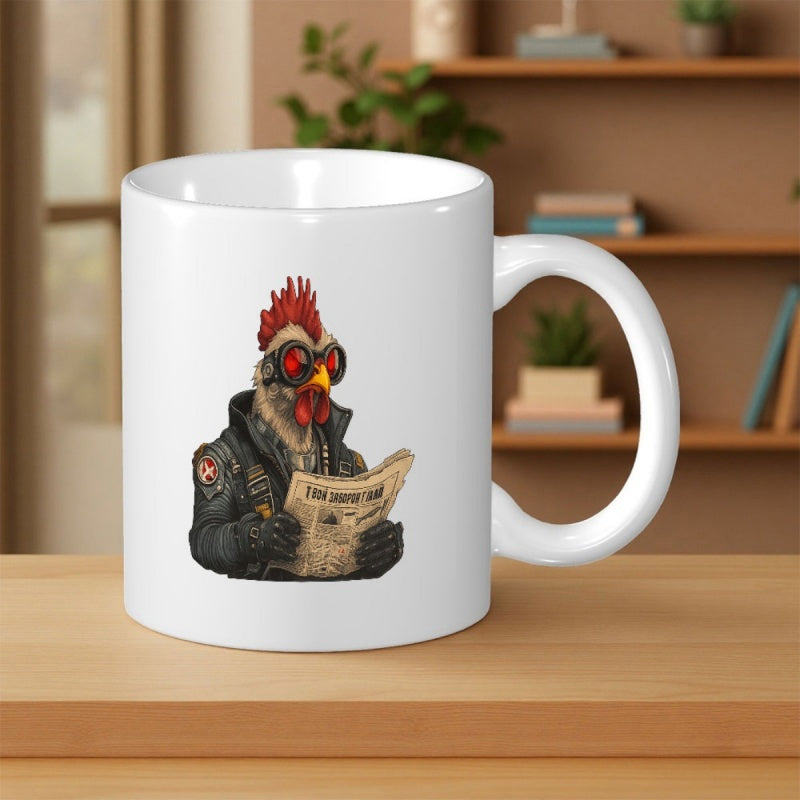 Tailorly White Ceramic 11 oz Mug - Cool Biker Rooster Wearing Leather Jacket And Goggles Reading Local Newspaper Rooster