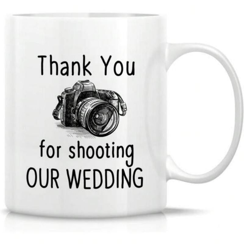 Tailorly White Ceramic 11 oz Mug - Thank You For Shooting Our Wedding Detailed Black And White Professional DSLR Lens Illustration For Photography Lovers Camera