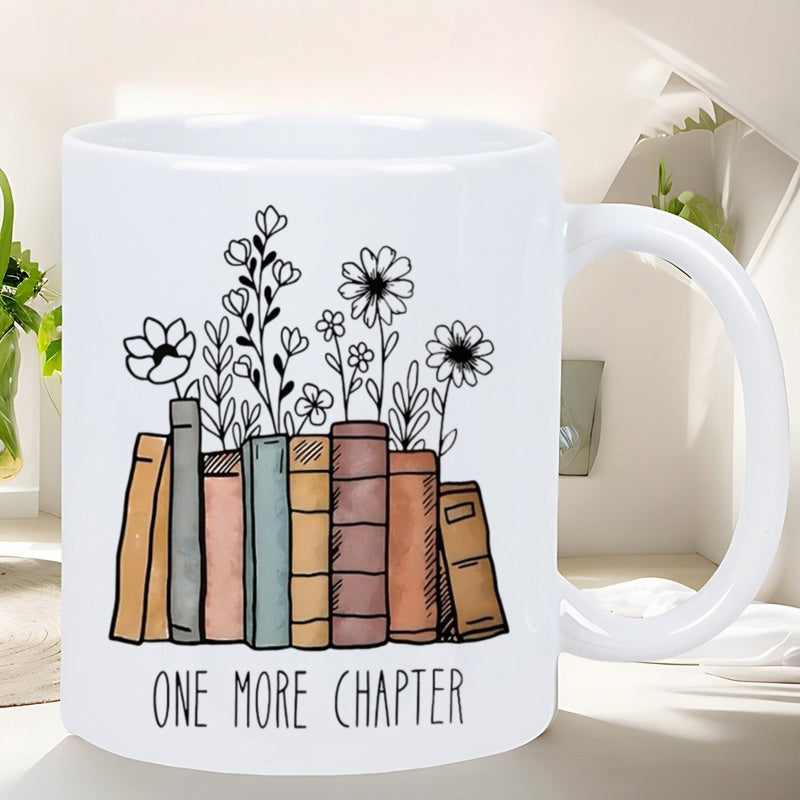 Tailorly White Ceramic 11 oz Mug - One More Chapter Hand Drawn Aesthetic Books With Delicate Wild Flowers Growing From Spines Books