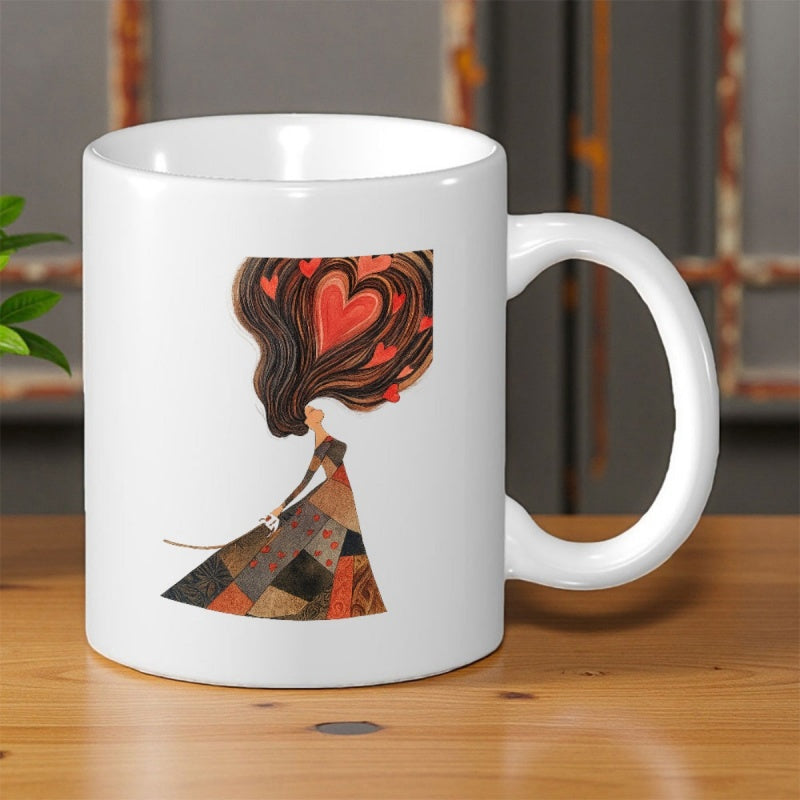 Tailorly White Ceramic 11 oz Mug - Artistic Patchwork Dress With Flowing Hair Containing Multiple Red Hearts Woman