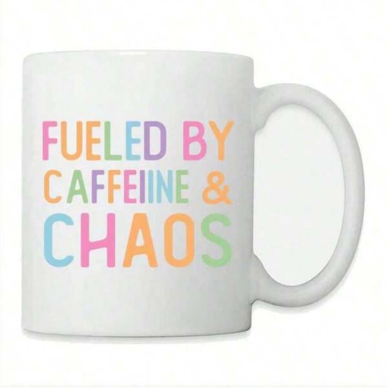 Tailorly White Ceramic 11 oz Mug - Fueled By Caffeine Chaos Colorful Pastel Lettering Printed On A Minimalist