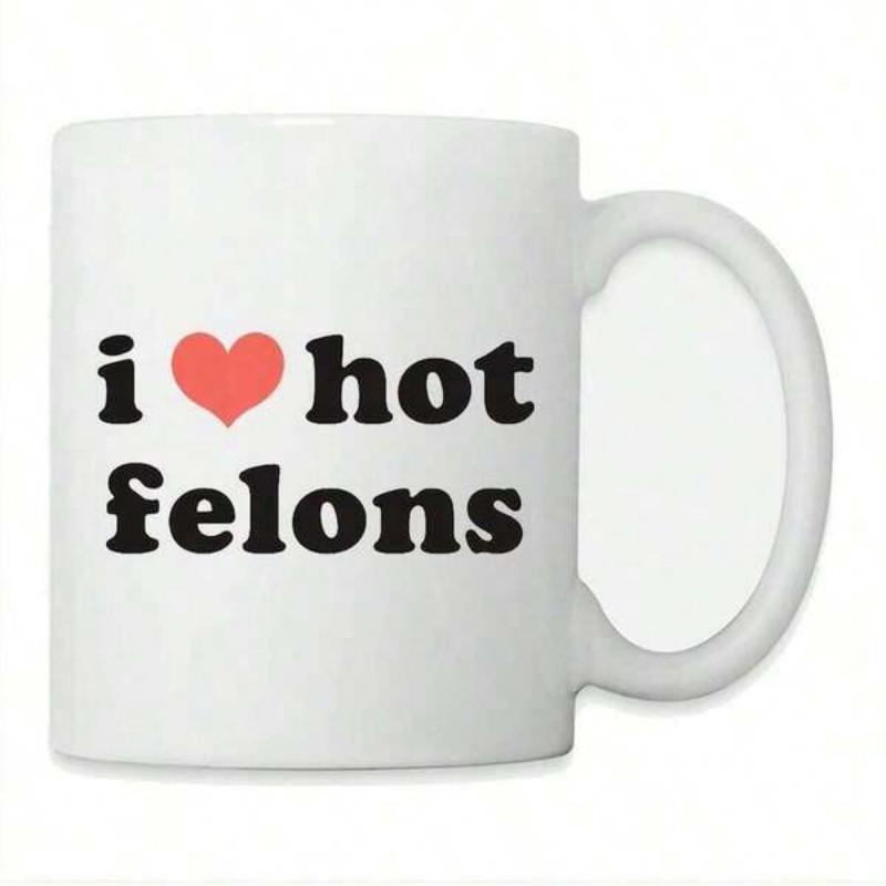 Tailorly White Ceramic 11 oz Mug - I Hot Felons Minimalist Red Heart Icon Placed Between Bold Black Serif Letters Heart