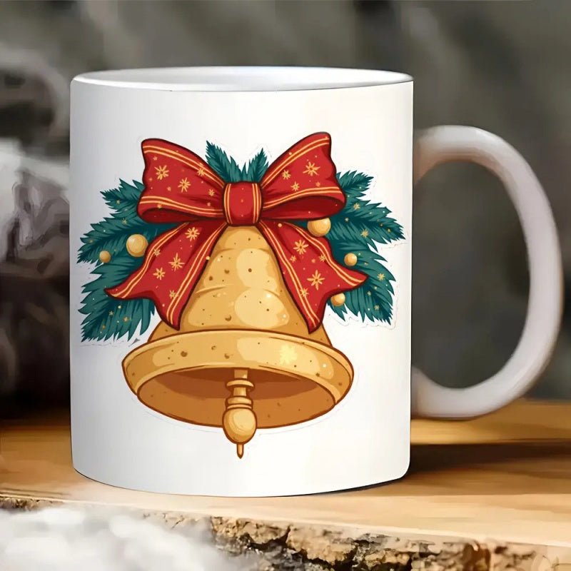 Tailorly White Ceramic 11 oz Mug - Festive Golden Decoration Adorned With Red Ribbon Bow And Evergreen Pine Bell