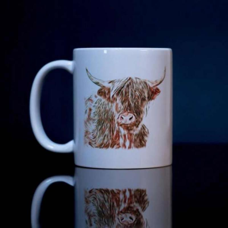 Tailorly White Ceramic 11 oz Mug - Rustically Painted Highland Cattle With Shaggy Brown Fur And Long Horns Cow