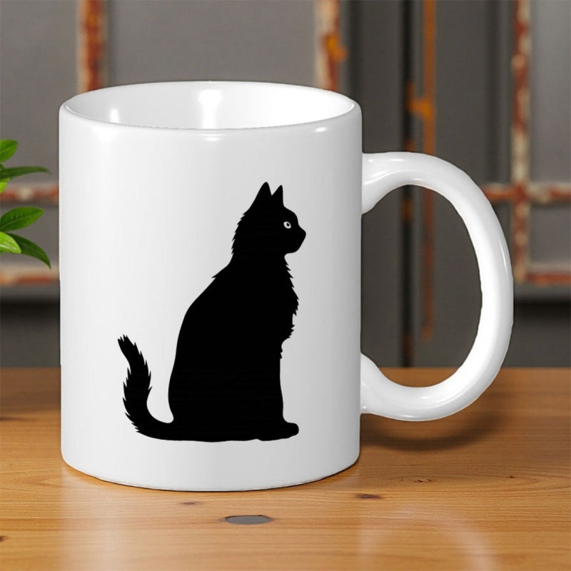 Tailorly White Ceramic 11 oz Mug - Elegant Sitting Black Cat Silhouette Displayed On A Minimalist Ceramic Surface Cat
