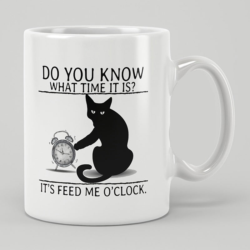 Tailorly White Ceramic 11 oz Mug - Do You Know What Time It Is It S Feed Me O Clock Sitting Black Cat Silhouette Next To Small Ringing Alarm Clock Cat