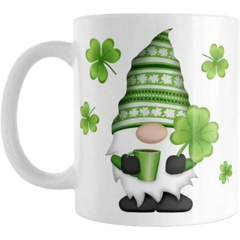 Tailorly White Ceramic 11 oz Mug - Festive Green Patterned Hat Holding Coffee Mug Among Floating Clovers Gnome