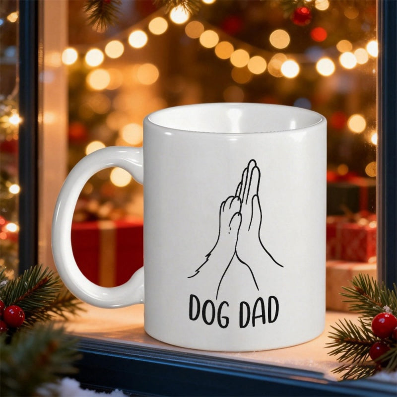 Tailorly White Ceramic 11 oz Mug - Dog Dad Minimalist Line Art Human Hand And Dog Paw Touching Mug
