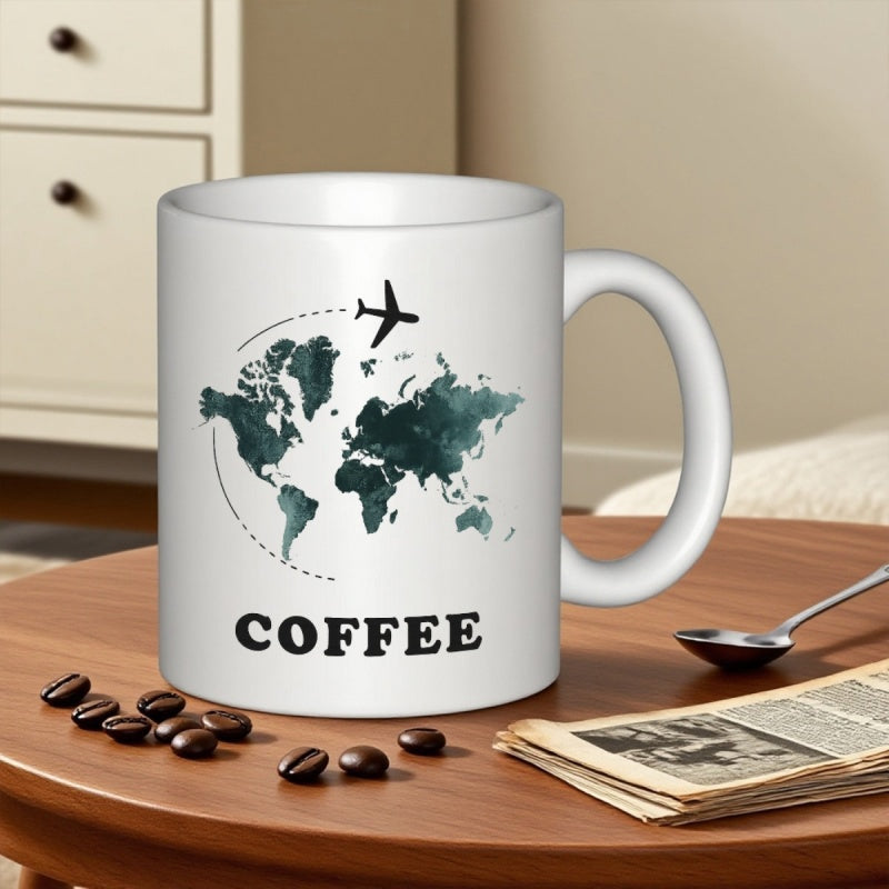 Tailorly White Ceramic 11 oz Mug - Coffee Minimalist Airplane Flying Above A Dark Watercolor Textured Silhouette Global Map