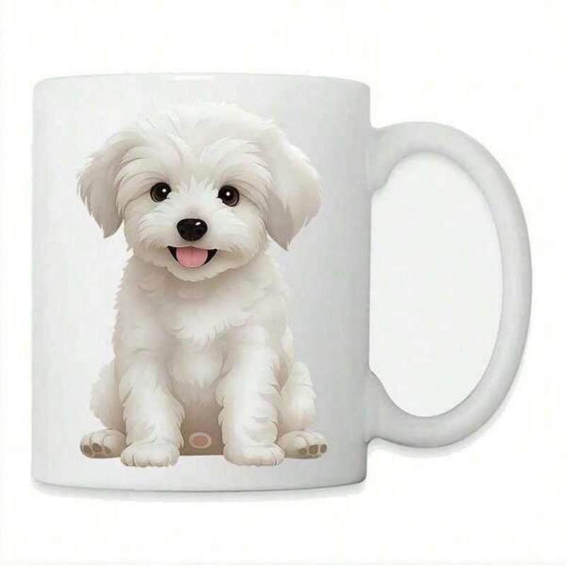 Tailorly White Ceramic 11 oz Mug - Adorable Fluffy White Dog Sitting Peacefully With A Happy Smiling Puppy