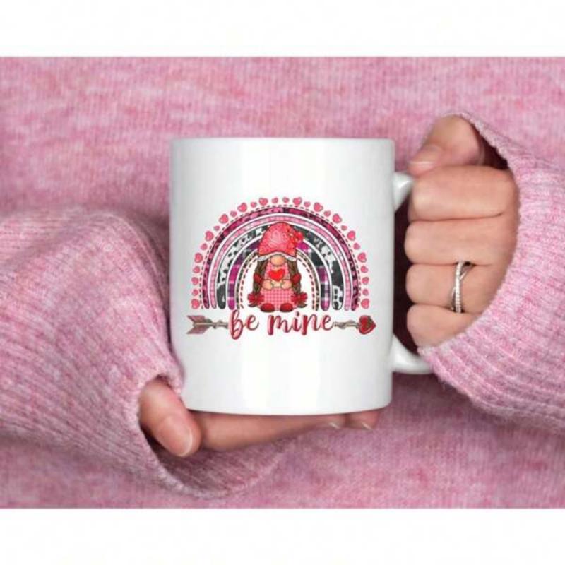 Tailorly White Ceramic 11 oz Mug - Be Mine Charming Valentine Rainbow With Decorative Hearts And Arrows Surrounding A Sweet Gnome
