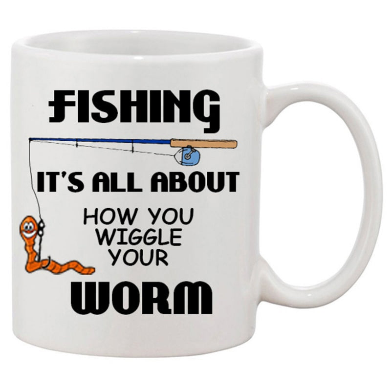 Tailorly White Ceramic 11 oz Mug - Fishing It Is All About How You Wiggle Your Worm Smiling Orange Cartoon Attached To A Thin Fishing Line Worm
