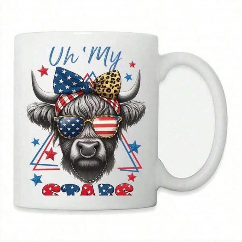 Tailorly White Ceramic 11 oz Mug - Oh My Stars Patriotic American Flag Sunglasses And Leopard Bandana Adorning A Rustic Cow