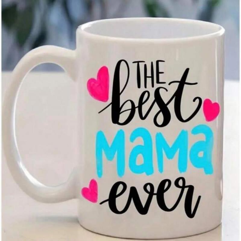 Tailorly White Ceramic 11 oz Mug - The Best Mama Ever Pink Hearts Surrounding Vibrant Artistic Handwritten Typography On