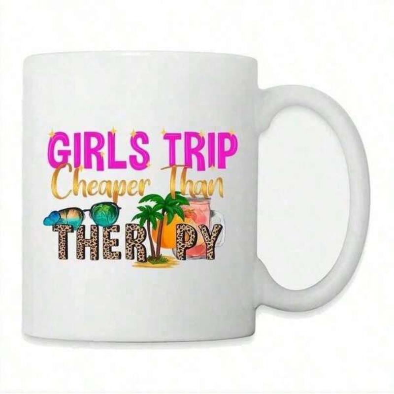 Tailorly White Ceramic 11 oz Mug - Girls Trip Cheaper Than Therapy Tropical Island With Summer Sunglasses And Refreshing Pink Cocktail Under Sun Palm Tree