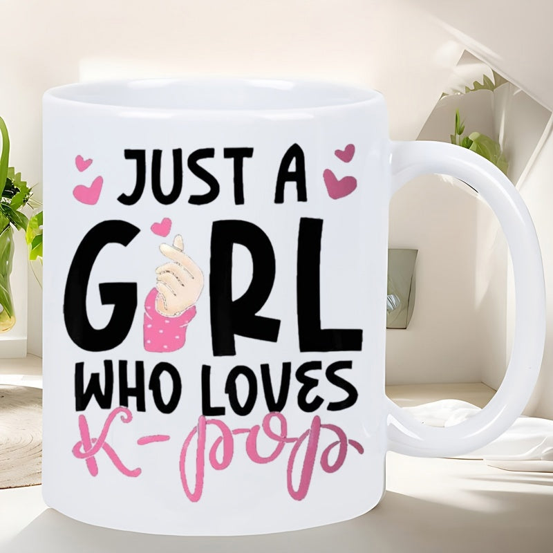 Tailorly White Ceramic 11 oz Mug - Just A Girl Who Loves Kpop Minimalist Pink Hearts Surrounding A Hand Making Finger Heart Mug