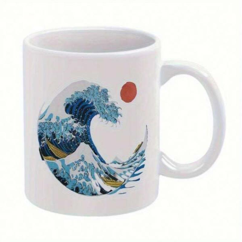 Tailorly White Ceramic 11 oz Mug - Majestic Blue Ocean Crashing Under Red Rising Sun Circular Iconic Artistic Wave