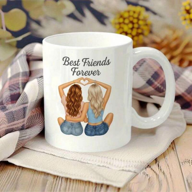 Tailorly White Ceramic 11 oz Mug - Best Friends Forever Two Young Women Forming Symbolic Heart Under Sunny Warm Atmosphere Girls