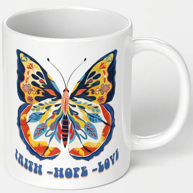Tailorly White Ceramic 11 oz Mug - Faith Hope Love Vibrant Colorful Wings With Intricate Floral Patterns And Retro Stylized Butterfly