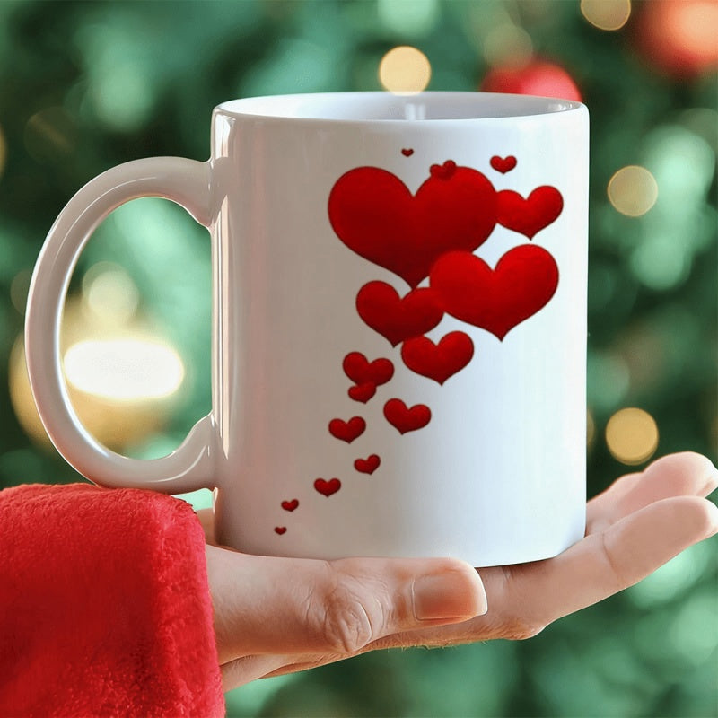 Tailorly White Ceramic 11 oz Mug - Floating Vibrant Red Hearts Arranged In A Beautiful Romantic Cluster Heart