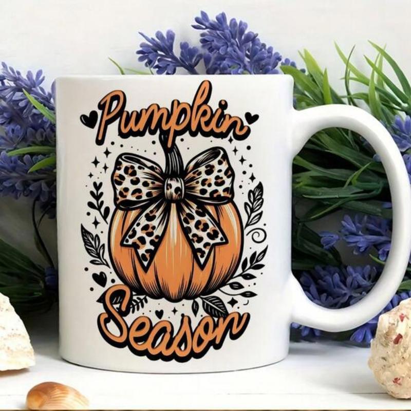 Tailorly White Ceramic 11 oz Mug - Pumpkin Season Leopard Print Bow Decorated Orange Harvest Vegetable Surrounded By Leaves Pumpkin