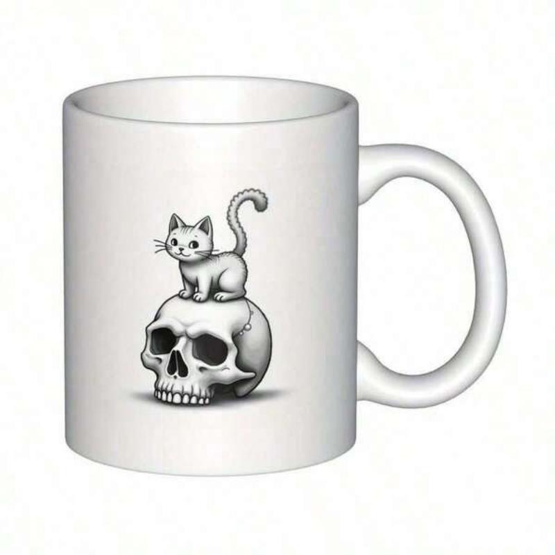 Tailorly White Ceramic 11 oz Mug - Small Black And White Kitten Sitting On Top Of A Skull Cat