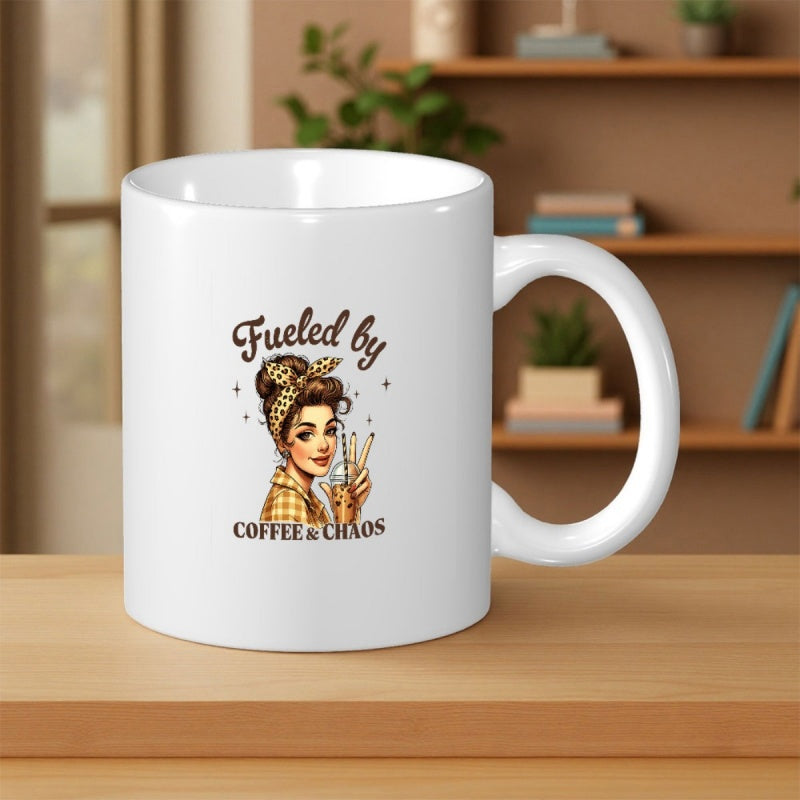 Tailorly White Ceramic 11 oz Mug - Fueled By Coffee Chaos Stylish Retro Lady Wearing A Patterned Headband Holding A Warm Cup Woman