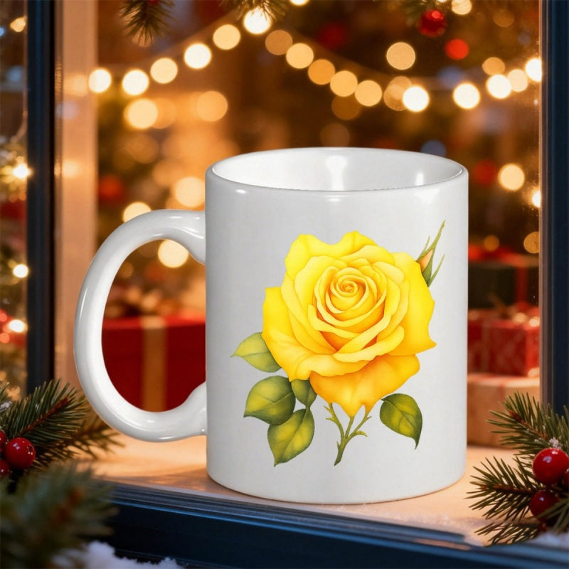 Tailorly White Ceramic 11 oz Mug - Vibrant Yellow Blooming Flower With Green Leaves Under Warm Holiday Lights Rose