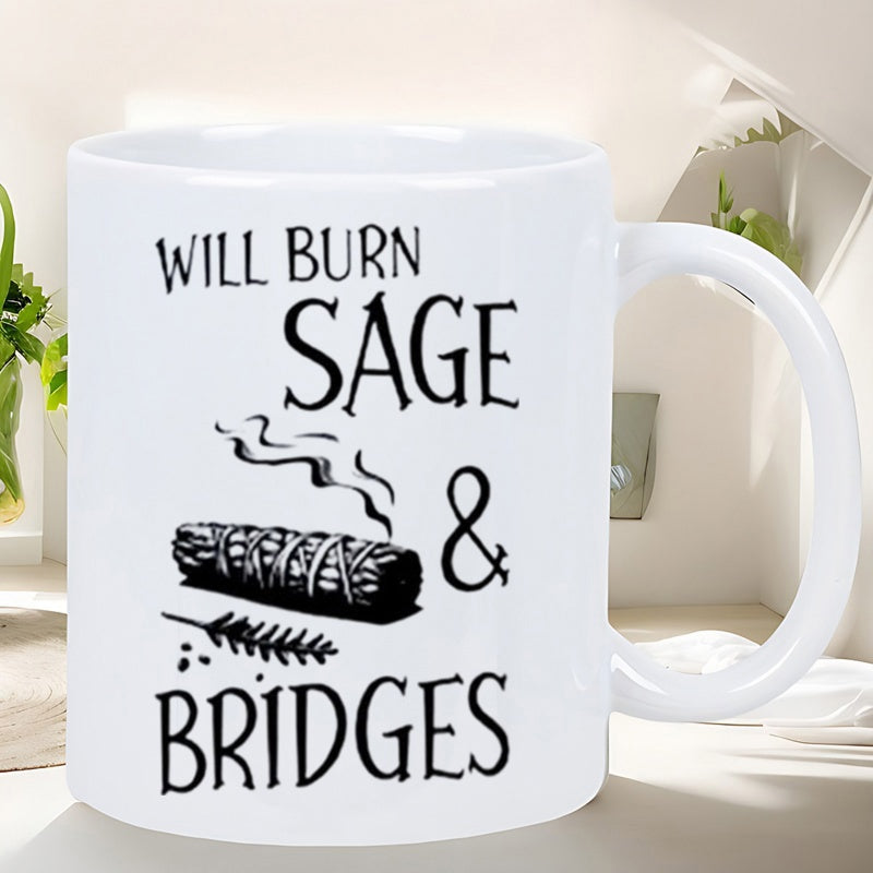 Tailorly White Ceramic 11 oz Mug - Will Burn Sage Bridges Smoldering Bundle Of Tied Herbs Emitting Gentle Wisps Of Smoke Sage