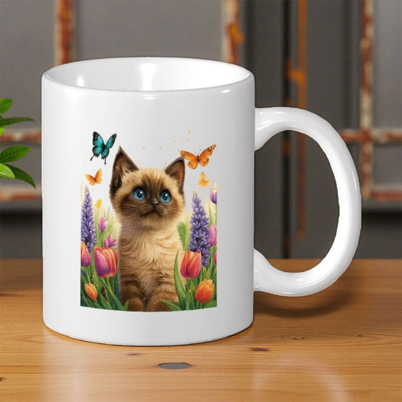 Tailorly White Ceramic 11 oz Mug - Adorable Siamese Little Cat Among Colorful Spring Tulips With Flying Butterflies Kitten