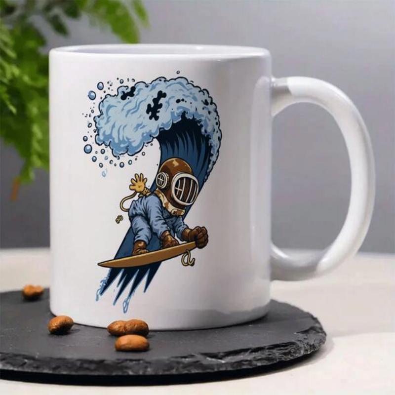 Tailorly White Ceramic 11 oz Mug - Vintage Brass Helmet Surfing Through A Powerful Crashing Blue Deep Sea Wave Diver
