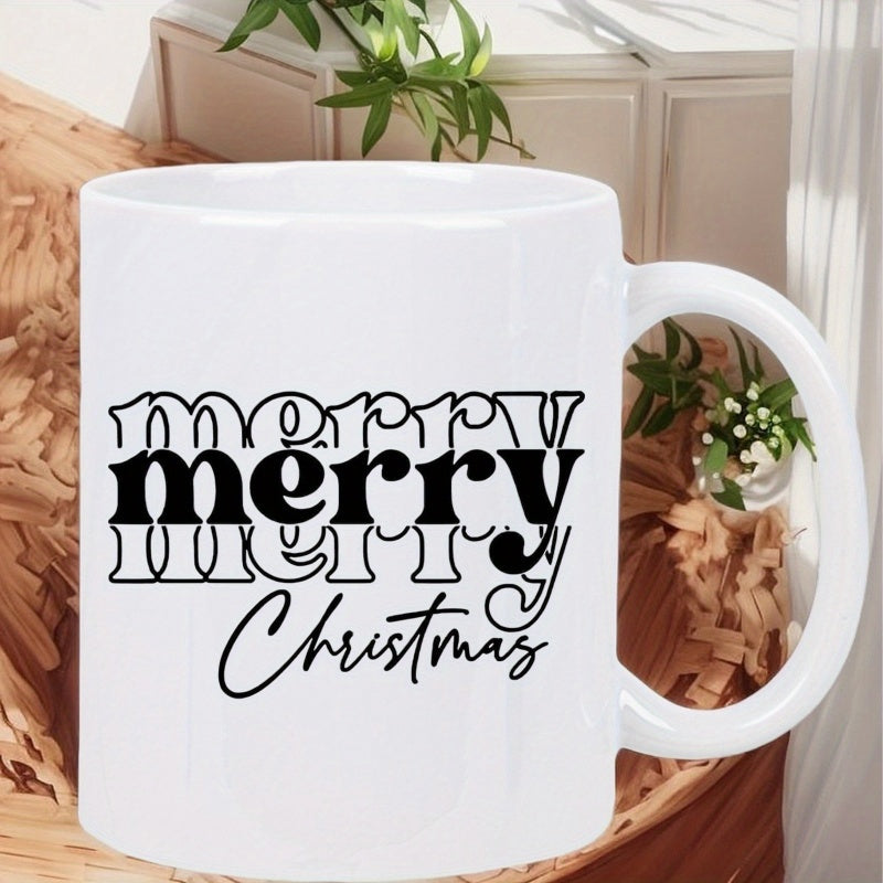 Tailorly White Ceramic 11 oz Mug - Merry Merry Christmas Bold Retro Stacked Typographic Design Featuring Elegant Flowing Handwritten Script Mug