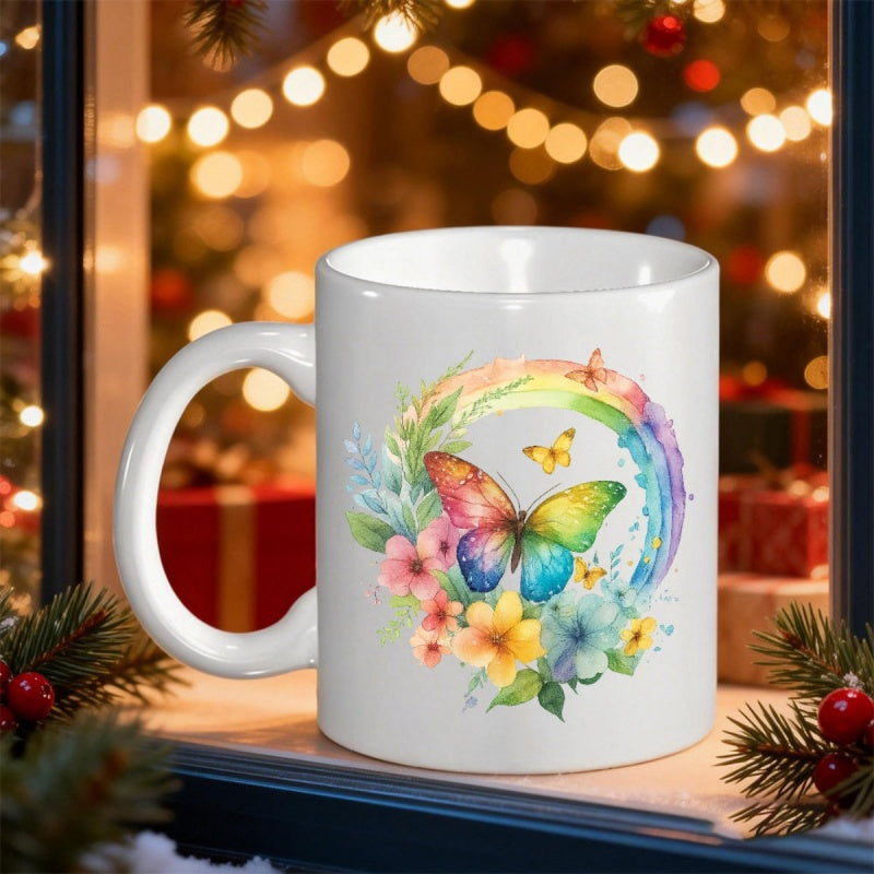 Tailorly White Ceramic 11 oz Mug - Vibrant Watercolor Rainbow Wings Fluttering Among Blooming Flowers And Green Leaves Butterfly