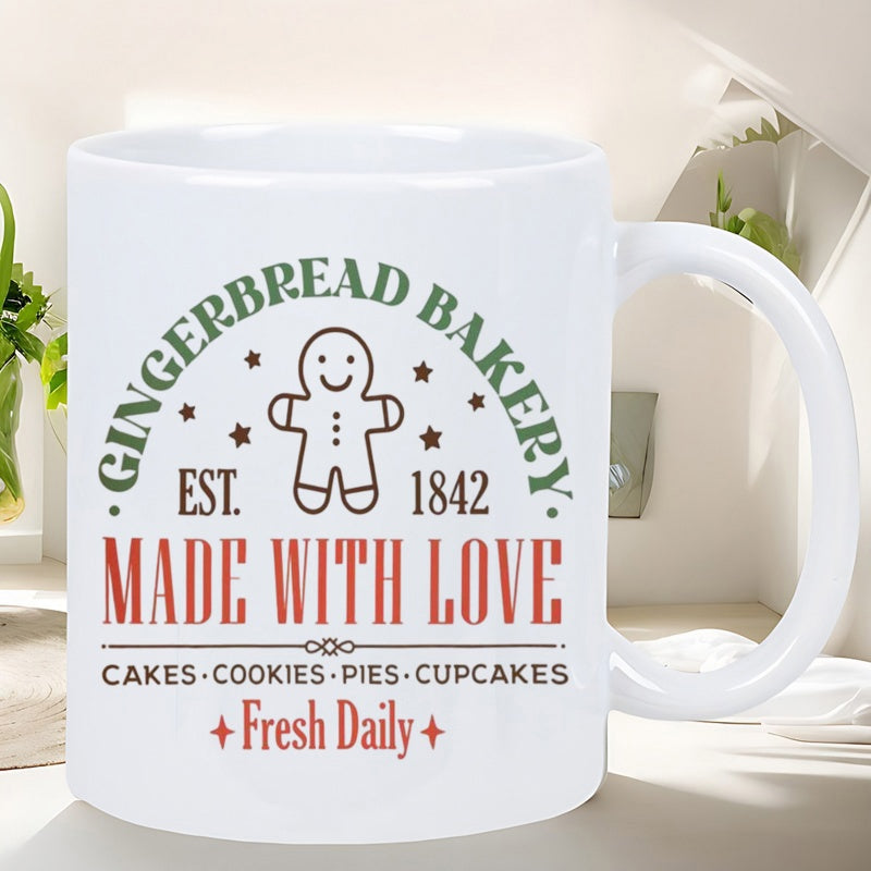 Tailorly White Ceramic 11 oz Mug - Gingerbread Bakery Est 1842 Made With Love Cakes Cookies Pies Cupcakes Fresh Daily Charming Smiling Cookie Character Among Tiny