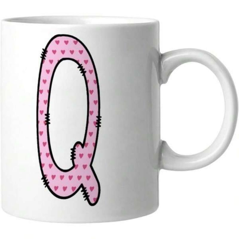 Tailorly White Ceramic 11 oz Mug - Q Stitched Pink Pattern With Tiny Hearts Inside A Large Capital Letter