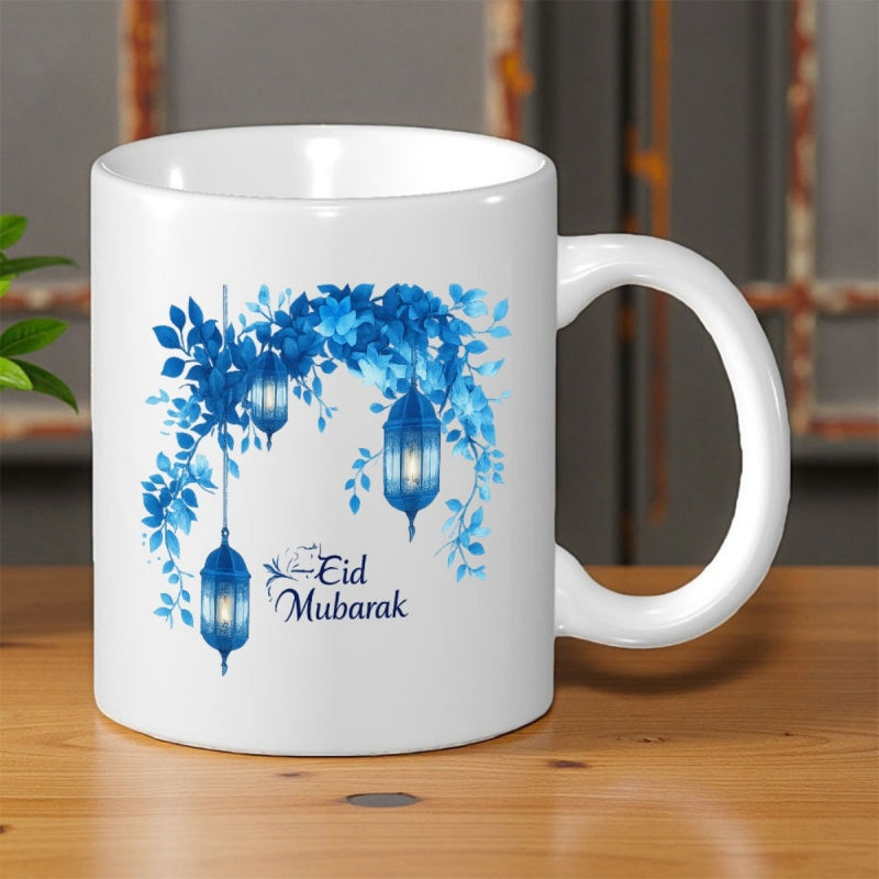 Tailorly White Ceramic 11 oz Mug - Eid Mubarak Artistic Blue Floral Arch With Hanging Glowing Ramadan Lantern