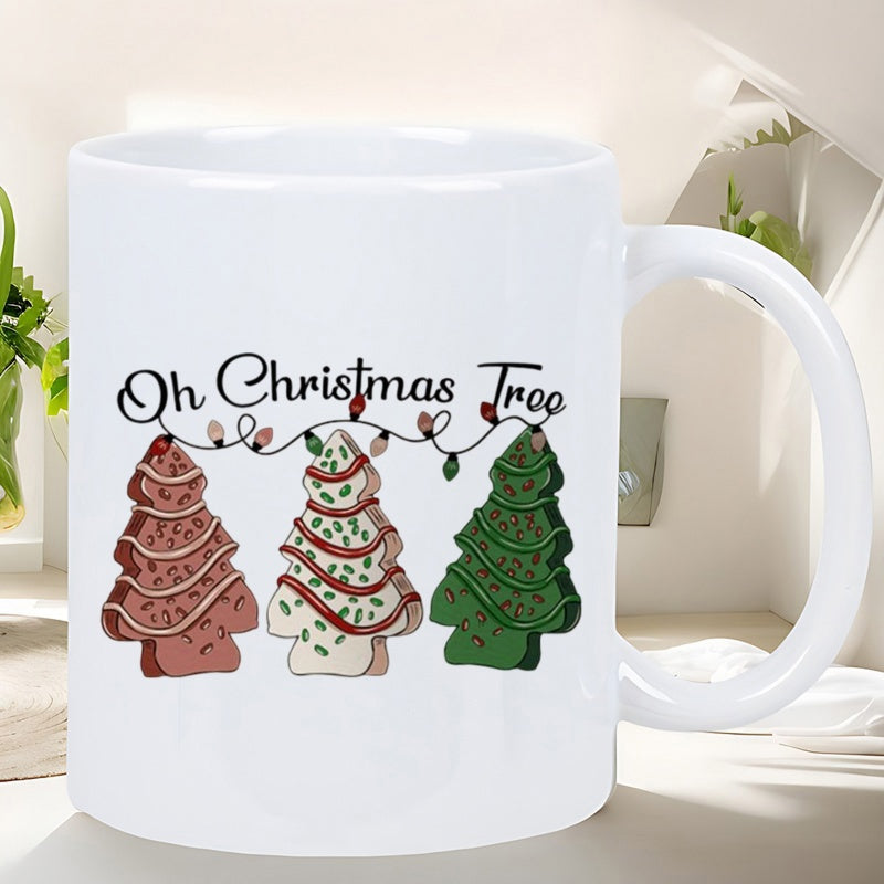 Tailorly White Ceramic 11 oz Mug - Oh Christmas Tree Three Festive Decorated Cookie Trees With Colorful Sprinkles And Lights Christmas Tree