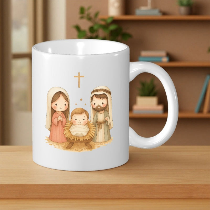 Tailorly White Ceramic 11 oz Mug - Peaceful Cute Cartoon Holy Family Celebrating Silent Night With Manger Nativity