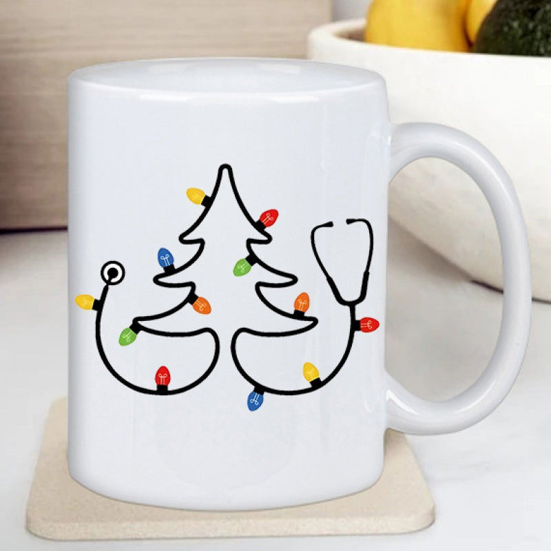 Tailorly White Ceramic 11 oz Mug - Minimalist Festive Holiday Pine Wire With Colorful Twinkling Light Bulbs Stethoscope