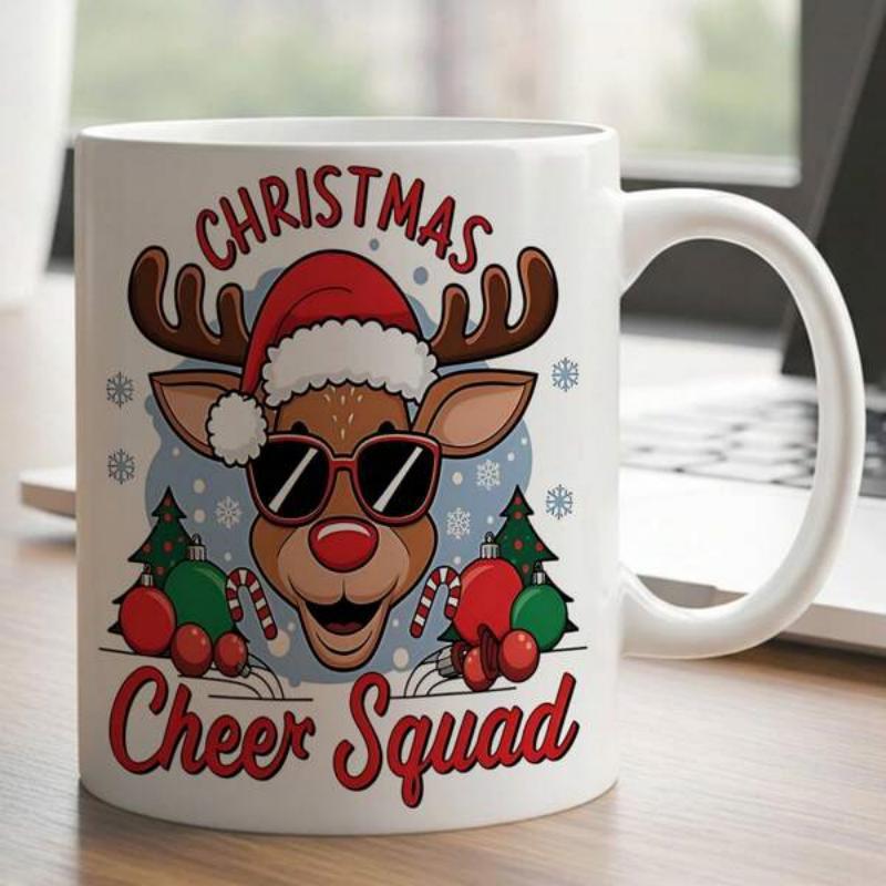 Tailorly White Ceramic 11 oz Mug - Christmas Cheer Squad Cool Wearing Sunglasses And Santa Hat Among Festive Christmas Elements Reindeer