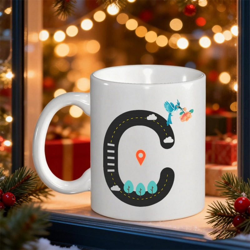 Tailorly White Ceramic 11 oz Mug - Creative Winding Road Path With Map Pin And Small Trees Letter