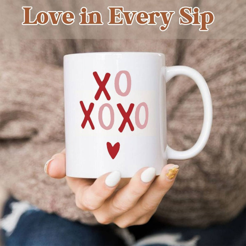 Tailorly White Ceramic 11 oz Mug - Love In Every Sip Xoxo Minimalist Artistic Red And Pink Handwritten Letters With A Delicate Heart Mug