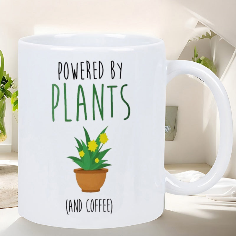 Tailorly White Ceramic 11 oz Mug - Powered By Plants And Coffee Vibrant Green Leaves With Bright Yellow Flowers Growing Inside Brown Clay Pot Plant