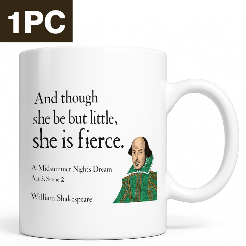 Tailorly White Ceramic 11 oz Mug - And Though She Be But Little She Is Fierce William Shakespeare Classic Artistic Rendition Wearing Green Patterned Elizabethan
