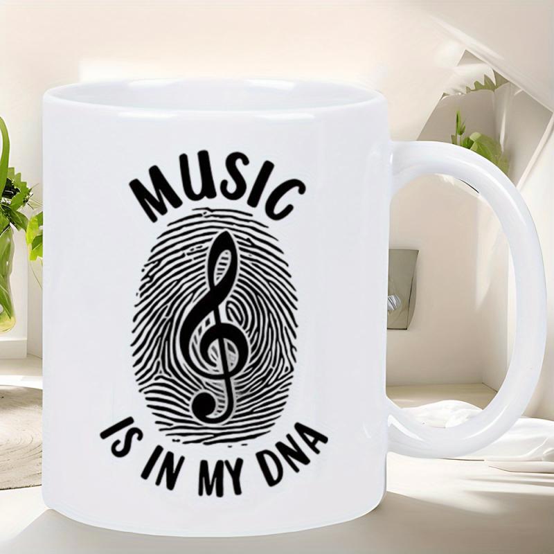 Tailorly White Ceramic 11 oz Mug - Music Is In My DNA Unique Black Ink Textured Fingerprint Swirl Featuring A Central Bold Musical Treble Clef