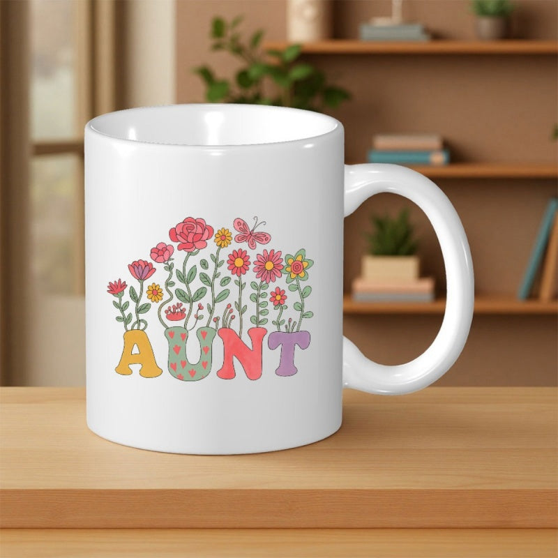 Tailorly White Ceramic 11 oz Mug - Aunt Vibrant Wildflowers Blooming From Colorful Retro Letters Under A Flying Spring Butterfly Flower